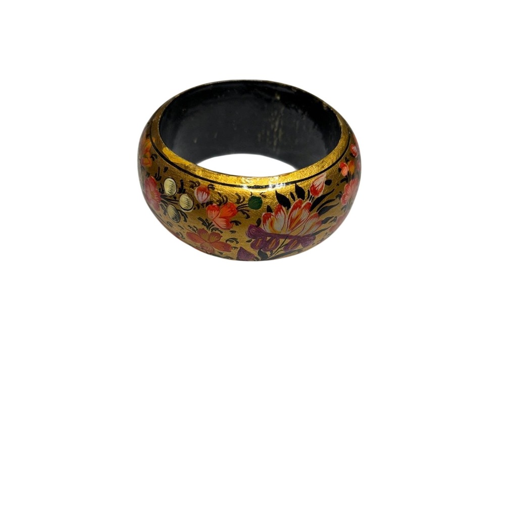 Hand Painted Floral Wood Bangle Bracelet Gold Red Black Boho Chunky Vintage